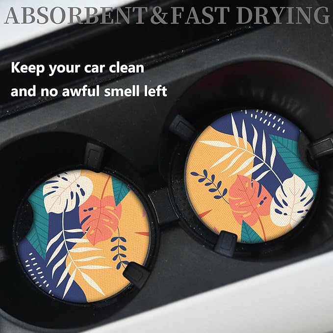 2pcs Car Cup Holder Coasters, Universal Auto Anti Slip Coasters, Tropical Leaves Design Rubber Car Coasters with A Finger Groove, Cute Car Accessories for Women&Men