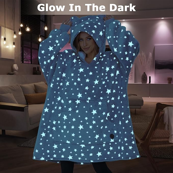 THREE POODLE Wearable Blanket Hoodie, Glow in The Dark Sherpa Hoodie, Oversized Hooded Blanket Sweatshirt for Adults Women Men Kids, Extremely Cozy, Warm, Soft, and Fuzzy