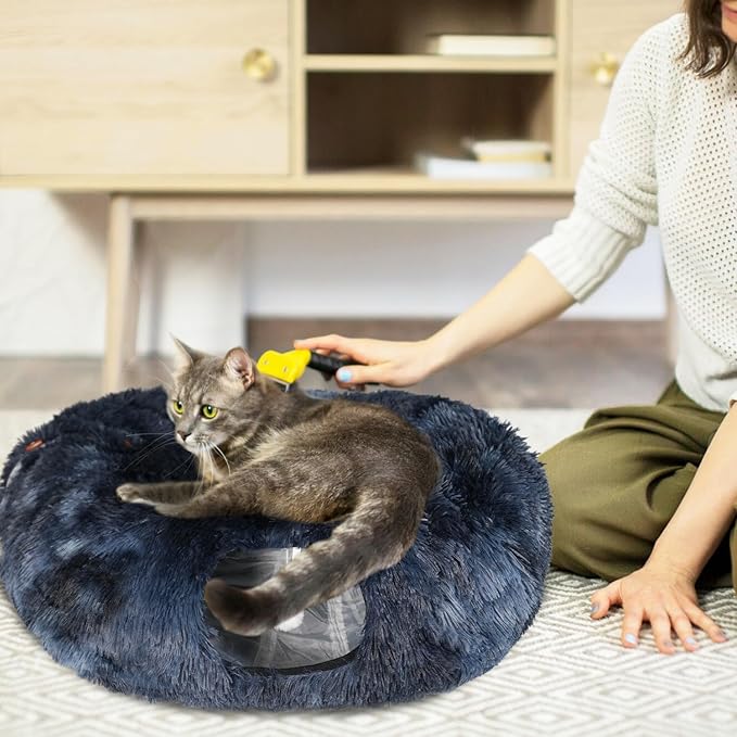 KOMUSMO Cat Tunnel Bed with Central Mat and Hanging Ball Toy, Multifunctional Large Cat Bed Cave Donut for Indoor Cats, Soft Plush Fluffy Collapsible Peekaboo Cave for Small Medium Large Cats Kittens