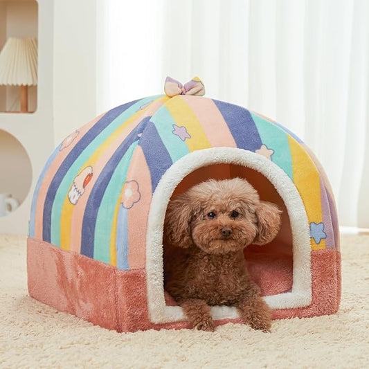 Jiupety Cute Cat House for Large Cat, Cat Beds for Indoor, 2-in-1 Cat Cave Bed, Large Cat Bed Cat Hideaway, Large, Rainbow.