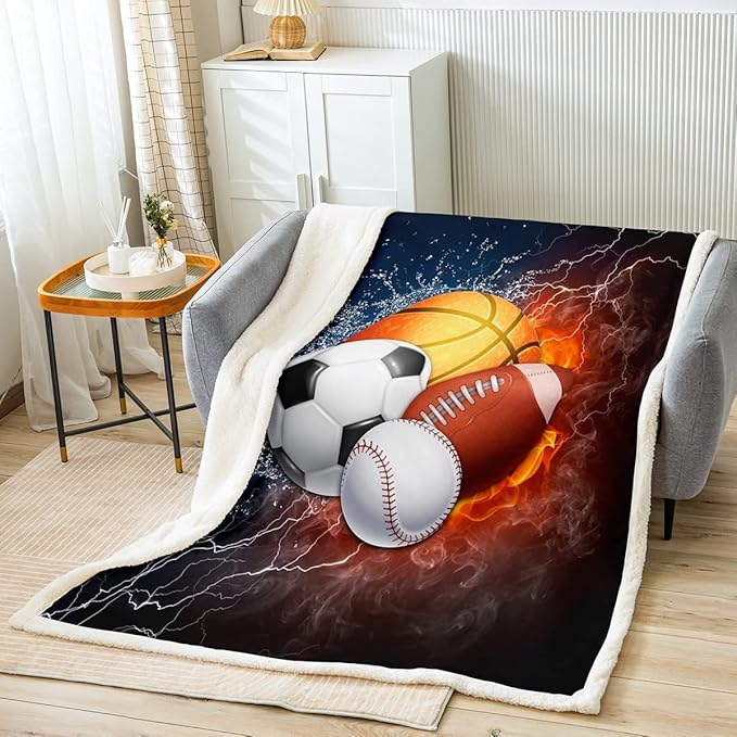 Erosebridal Sports Fleece Blanket Boys Throw Size,Baseball Soccer Sherpa Flannel Kids Teens Basketball Football Plush Blankets Ball Games Blanket,Fire Ice Trippy Lightening Decor Soft Luxury