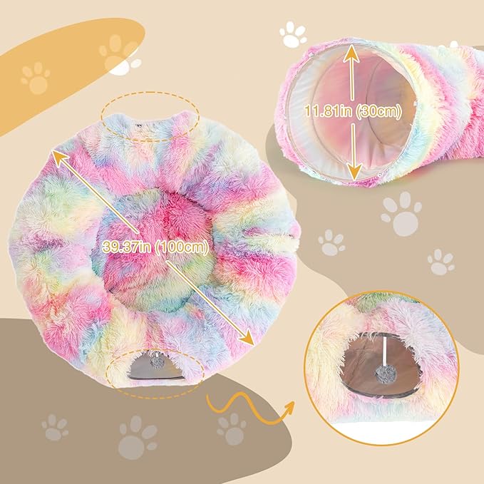 Avont Cat Tunnel Bed with Central Washable Cushion - Large Cat Tunnel Tube Toys 3 Shape to Play for Indoor Cats Kittens Puppies Ferret, Round Plush Fluffy Cat Bed with Tunnels -Rainbow