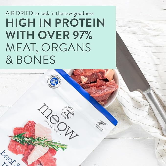 Meow Air Dried Cat Food - Beef & Hoki Recipe, High Protein Dry Cat Food Use as a Complete Diet, Topper, Mixer, or as Cat Training Treats, All Life Stages, 26.5 oz