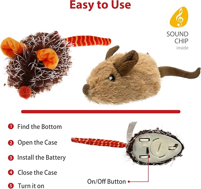 Gigwi Interactive Cat Toys for Indoor Cats, Cat Mouse Toys 2 Pcs with Electronic Realistic Squeaky Sound, Automatic Moving Kitten Toys Electric Mice Toy Self Play Exercise(Brown & Orange Ears)