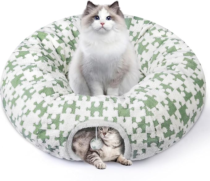 Cat Tunnel Bed Cat Cave for Cats Indoor, Maansfy Large Peekaboo Cat Cave Donut Tunnel Interactive Cat Toy Multifunctional Round Pet Play Tunnel Tube for Kitten Medium Large Cat - Green