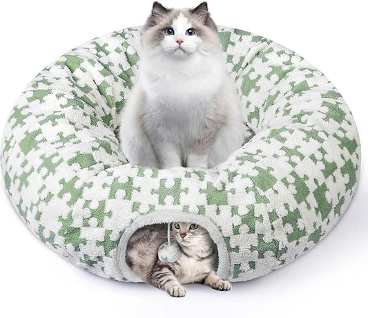 Cat Tunnel Bed Cat Cave for Cats Indoor, Maansfy Large Peekaboo Cat Cave Donut Tunnel Interactive Cat Toy Multifunctional Round Pet Play Tunnel Tube for Kitten Medium Large Cat - Green