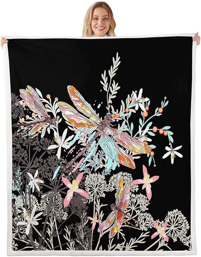 Feelyou Dragonfly Sherpa Blanket 40x50 Inches Botanical Floral Fleece Throw Blanket for Kids Girls Teens Women Bedroom Decor Nature Animals Branches for Sofa Bed Couch Black