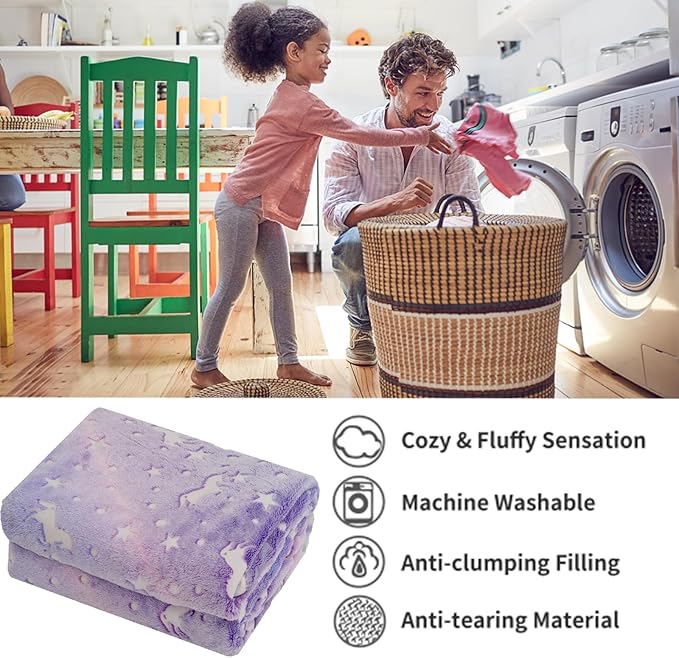 Glow in The Dark Unicorn Blanket, Girls Blanket for Age 3 4 5 6 7 8 9 10 11 12 Year Old, Gifts for Birthday, Valentines Day, Christmas, Bedroom Decor 50 x 60 Inch, Purple