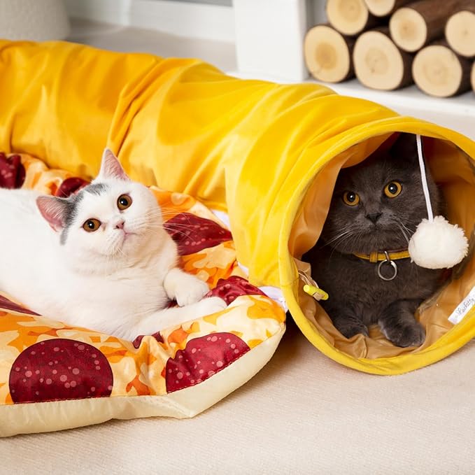 LUCKITTY Cat Tunnel Bed - Peek-a-Boo Pizza Shape Design for Cozy and Playful Animals - 9.8 -Inch Diameter Yellow