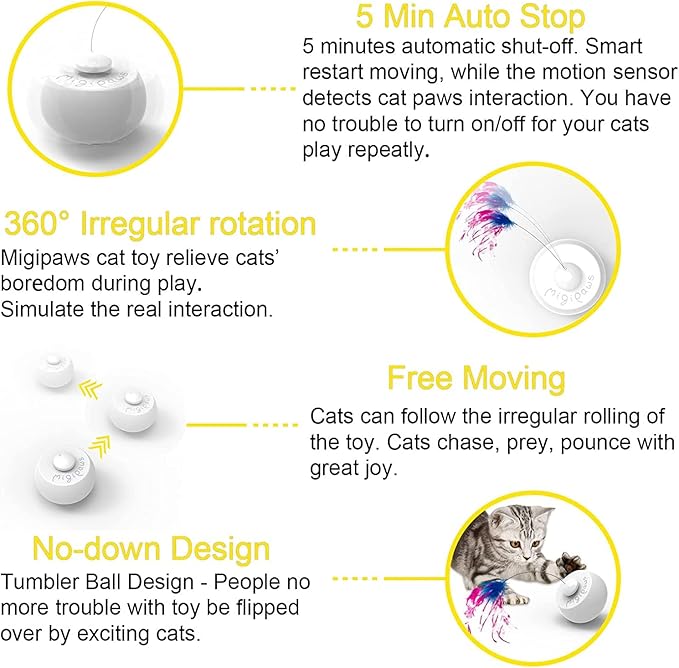 Migipaws Cat Toys Interactive Butterfly Feather Mice Spin with Smart Rolling Ball for Indoor Kittens Self Play Automatic Sensing Kitty Teaser Wand 3 Refills