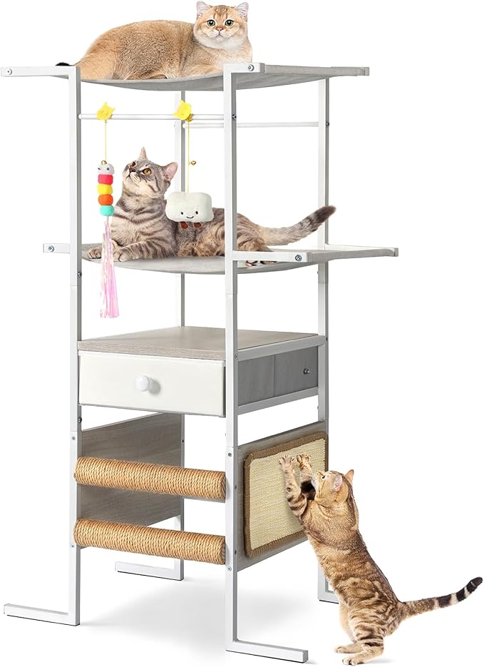 Modern Cat Tree with Sisal Scratching Post,Cat Scratcher,Cat Tower with Cat Hammock Bed Perch,Toys,Storage Drawer,Small Cat Tower Tree Stand,Cute Cat Condo for Kittens Medium Cats