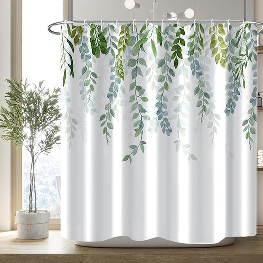 AWERT Plant Shower Curtain for Bathroom Sage Green Eucalyptus Waterproof Quick-Drying Green Leaves Shower Curtain Set with Hooks 72x84 Inch
