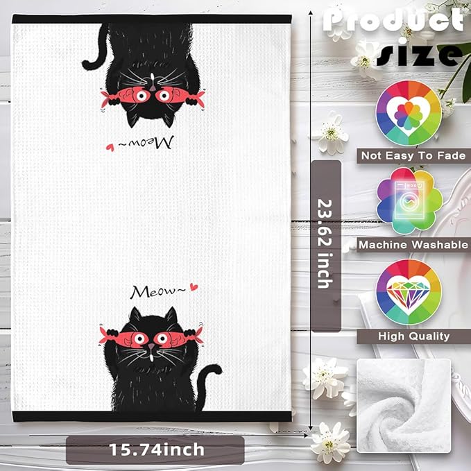 Fun Kitchen Towels,Cat Kitchen Towels,Cat Dish Towels,Cat Towels,Cat Hand Towel,Decorative Towels for Bathroom,Black Cat Gifts,Cat Kitchen Accessories,Black Cat Decor,Black Cat Gifts for Women