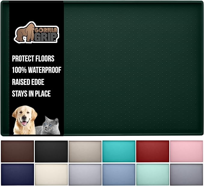 GORILLA GRIP 100% Waterproof Raised Edge BPA Free Silicone Pet Feeding Mat, Dog Cat Food Mats Contain Spills Protects Floors, Placemats for Cats and Dogs Water Bowl, Pets Accessories 18.5x11.5 Green