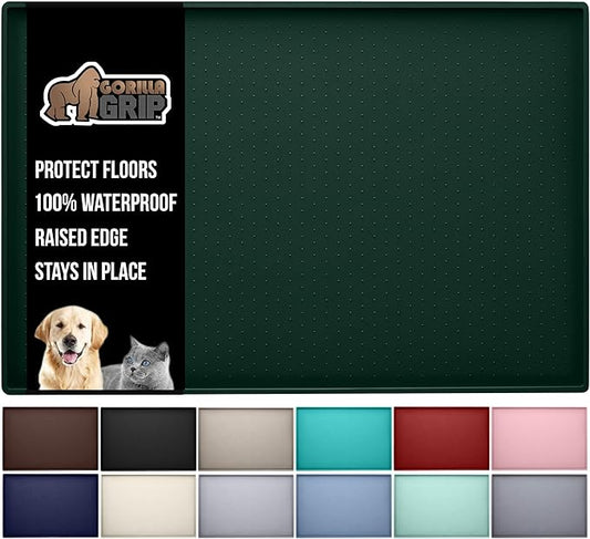 GORILLA GRIP 100% Waterproof Raised Edge BPA Free Silicone Pet Feeding Mat, Dog Cat Food Mats Contain Spills Protects Floors, Placemats for Cats and Dogs Water Bowl, Pets Accessories 28x18 Green