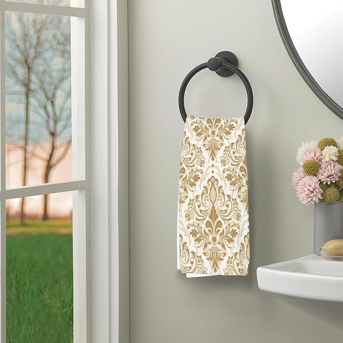 Vintage Damask Hand Towels for Bathroom,Gold Orient Flower Hand Bath Towels Soft Absorbent Dish Towels for Kitchen Bathroom Gym Beach Decorative Towels,Set of 2