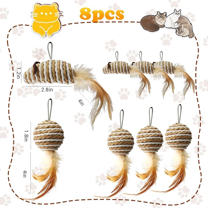 ROSAUI Cat Feather Toys Refills Cat Wand Toy Replacement, 8pcs Natural Rustling Mice and Balls, Handmade Paper Toys for Indoor Kittens