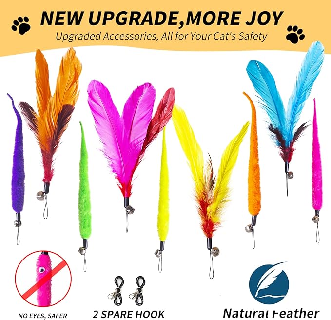 FYNIGO Interactive Cat Kitten Wand Toy Set,2 Retractable Fishing Pole+1 Rainbow Teaser Wand+9 Refills +2 Spare Hook,Funny Cat Feather Toys for Indoor Cats and Kittens to Chase Exercise(14 Pack)