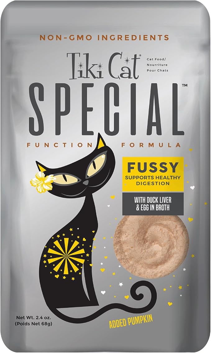 Tiki Cat Special Fussy Mousse, Duck Liver & Egg, Specially Formulated to Support Healthy Digestion, Functional Wet Cat for Adult Cats, 2.4 oz. Pouch (Pack of 12)