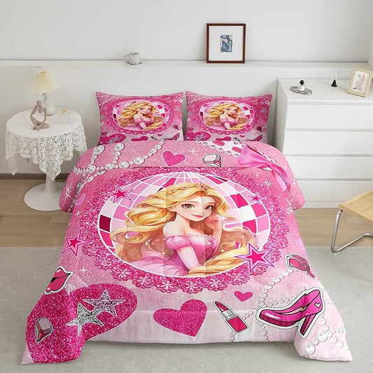 Castle Princess Kids Comforter Set Twin Size,High-heeled Shoes Lip Bowknot Fashion Bedding Set,Girls Women Room Decor,Glitter Stars Sequins Down Comforter,Pink Romantic Duvet Insert,1 Pillowcase
