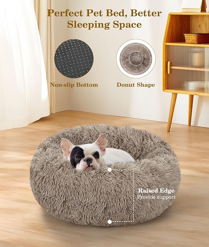 Round Dog Bed for Small Dogs, Donut Cuddler Plush Cat Calming Bed with Machine Washable, Non-Slip Fluffy Dog & Cat Calming Cushion Bed for Joint-Relief and Sleep Improvement, S Size, Khaki