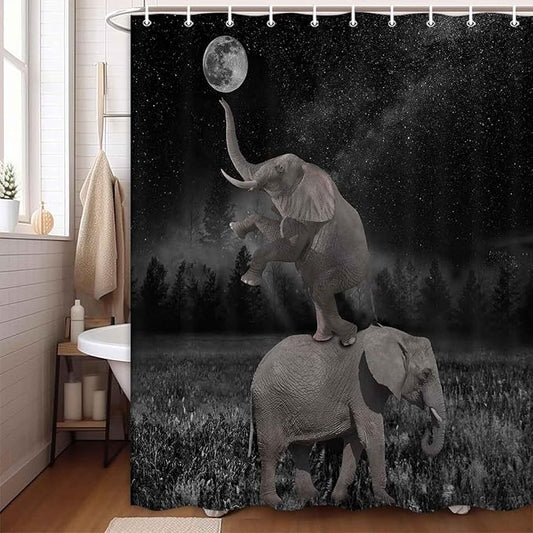 Boziqr Funny Shower Curtains for Bathroom, Cute Elephant Moon Forest Bath Curtain, Rustic Farmhouse Decor Polyester Fabric Fun Cool Animals Black 60 x 70 Inches