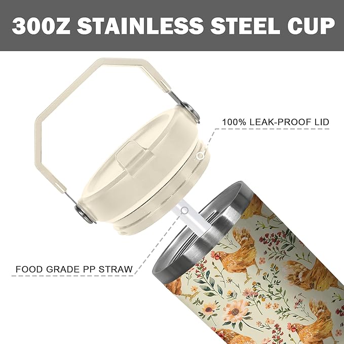 30 Oz Chicken Tumbler with Handle and Straw, Insulated Rooster Cup Gifts for Chicken Lovers Women, Double Wall Stainless Steel Chicken Mugs, Chicken Travel Mug Chicken Gifts for Women