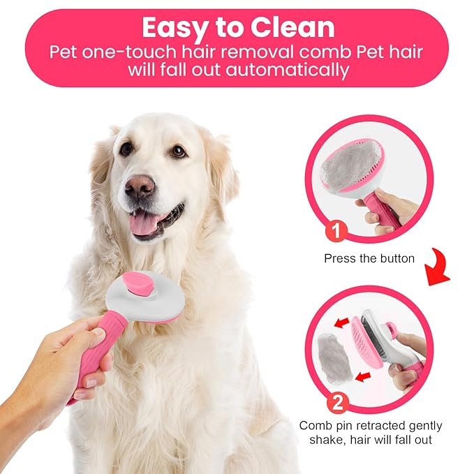 Cat & Dog Grooming Essentials: Self-Cleaning Slicker Brush for Shedding, Long Hair & Clicker for Training (PINK)