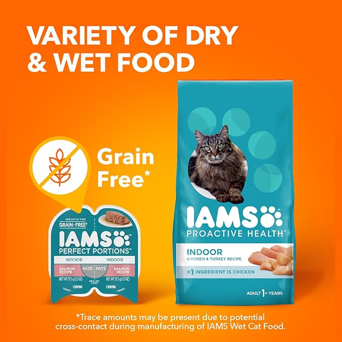 IAMS Perfect Portions Indoor Adult Grain Free Wet Cat Food Paté, Salmon Recipe, 2.6 oz. Easy Peel Twin-Pack Trays (24 Count, 48 Servings)