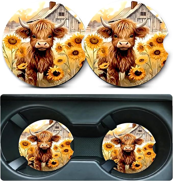 Car Coasters for Cup Holders,2 Pack Highland Cow Car Cup Holder Coasters,2.75" Universal Size Anti Slip Rubber Mat,Automotive Cup Holder Decor Accessories,Cow Print Gifts for Women,Men,Mom,Her