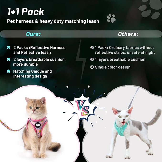Cat Vest Harness Leash Set: Escape Proof & Reflective Kitten Soft Mesh Vest for Small Medium Large Puppy Pets Walking Hiking and Traveling(XSmall,Pink)