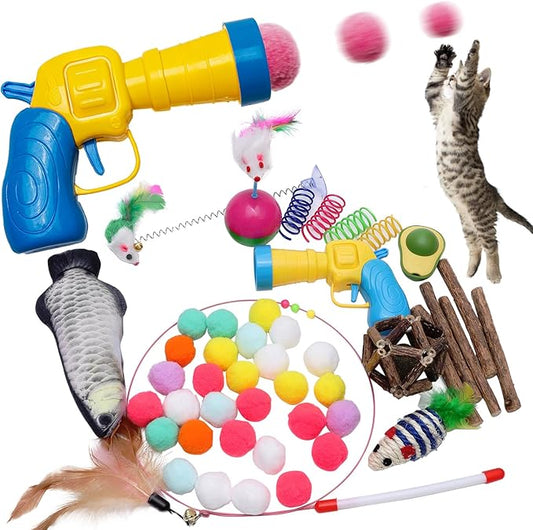 Cat Toys Bulk for Indoor Cats - Cat Ball Launcher Gun, Cat Wand, Catnip Toys Balls, Catnip Fish, Mice, Cat Spring Toys, Colorful Balls and Bells for Cat