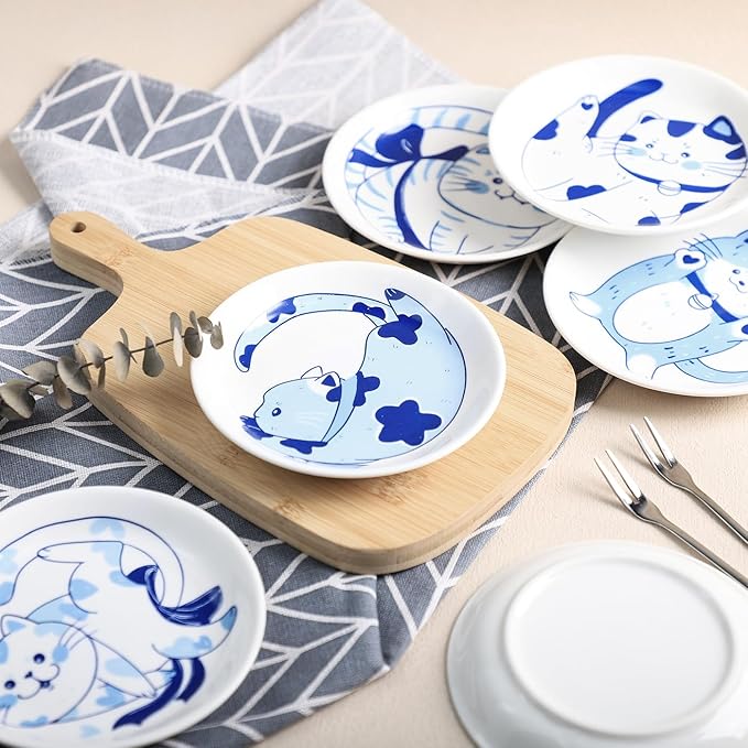 Blue and White Porcelain Vintage Cats Pattern Dessert Plates, Appetizer Plates, Snack Plates Set, Seasoning Dishes, Side Dishes, Saucer Dipping Bowls, 6 PCS-Blue Cats-5 Inch