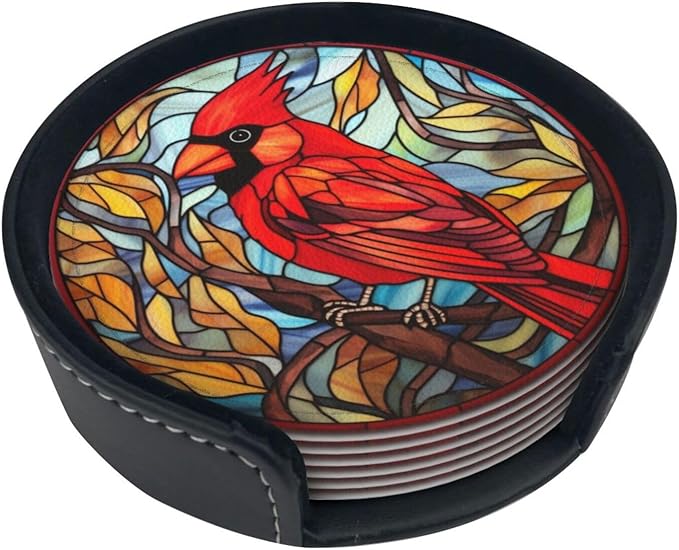 Cardinal Drink Coaster Set of 6, Cardinal Decor Gifts, Leather Drink Coasters with Holder, 6 Pack Cup/Bar/Drink Coasters for Table/Drinks/Coffee Protection Housewarming Gift