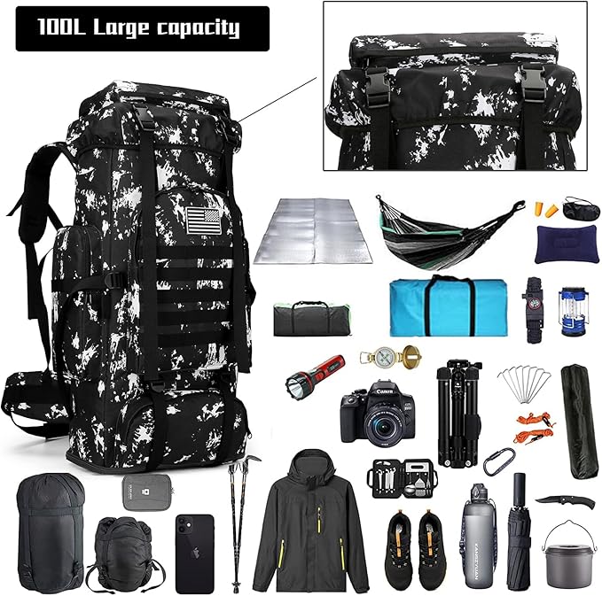 100L Camping Hiking Military Tactical Backpack Outdoor Climbing Sport Bags for Camping,Backpacking (Black Lightning)