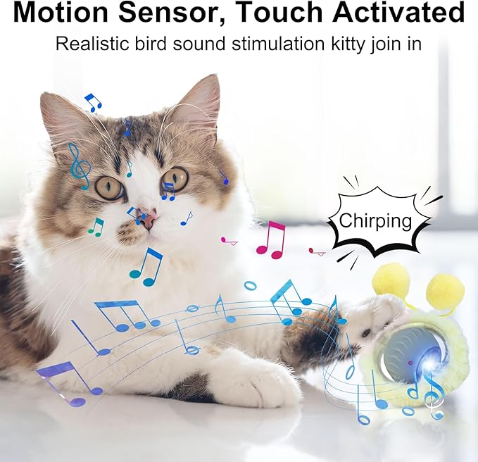 Interactive Cat Toys for Indoor Cats Kitten Puppy, Automatic Motion Cat Toy in Pouch Fast Rolling Ball in Play Mat Hide and Seek Mouse Catching Game with Chirping Stimulation, LED Lights, Auto On/Off