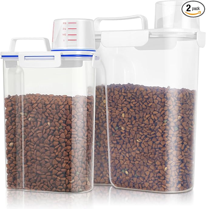 TBMax Cat Food Storage Containers 2 Pack, Portable Dog Food Container Dispenser with Large Spout & Measuring Cup, Airtight Travel Pet Food Storage Bin for Dog Treat Bird Seed Container