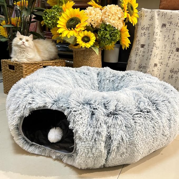 Cat Tunnel Bed, Tunnels for Indoor Cats Soft Warm Light Grey Plush, Collapsible Interactive Tube Toys, Maze House with Peek Holes Dangling Ball for Rabbit, Kitten, Kitty, Puppy