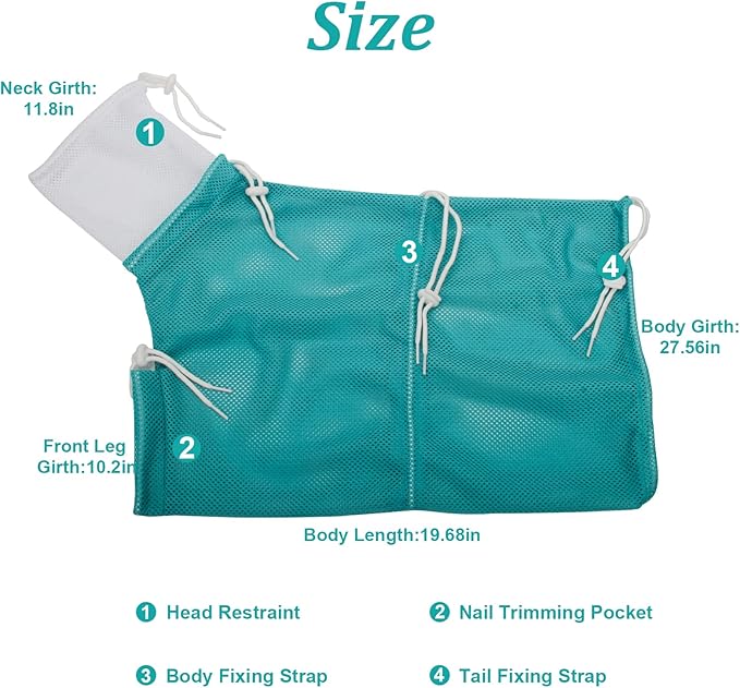 Cat Bathing Bag, Breathable Mesh Cat Shower Bag Anti Scratch Adjustable Cat Grooming Bag for Nail Trimming, Bathing Polyester Soft Cat Washing Bag (White-Green)