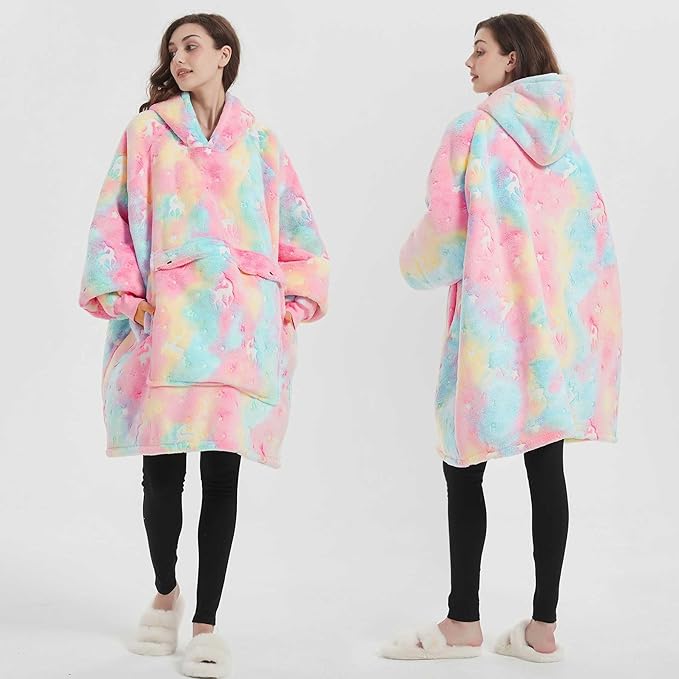 Glow in The Dark Wearable Blanket Hoodie for Adults Sherpa All Patterns Oversized Sweatshirt Blanket with Pockets Cute Gifts for Women Rainbow
