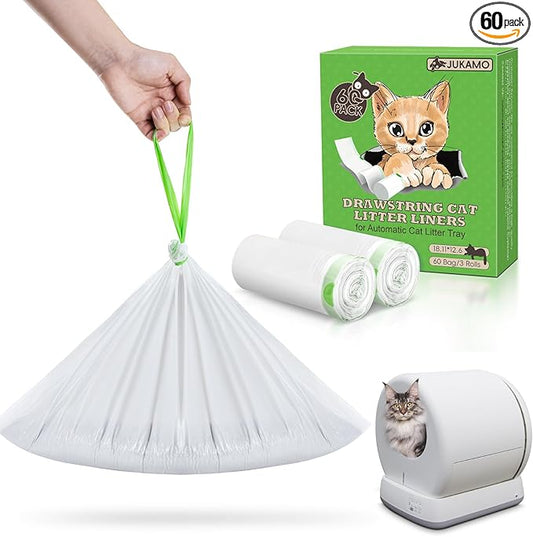 60 Pack Cat Litter Box Liners for Meo Want SC01, MW-SC02, MW-LR01, Extra Thick Drawstring Heavy Duty Leak-proof Disposable Smart Self-Cleaning Litter Box Robot Waste Drawer Trash Bags 18" x 12.6"