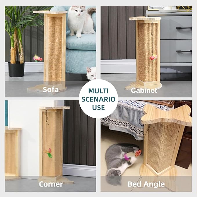 Cat Corner Scratcher, Couch Corner Cat Scratcher, Wood Corner Scratching Post for Wall, 18" Sisal Cat Scratcher for Couch Corner Indoor Cats with Mouse Toy