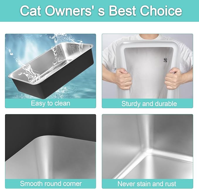 2 Pack XL Stainless Steel Litter Box Enclosure with Lid, Stainless Steel Cat Litter Pan for Big Cats, Large Metal Litter Box with High Wall, Easy Cleaning White Cover(Black Coated)