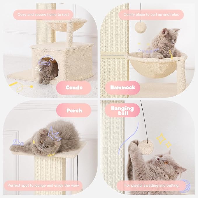 Small Cat Tree, 31 Inches Tall Cat Scratching Post with Perch & Condo & Hammock, Natural Woven Sisal Cat Post Sctacher, Kitten Scratching Posts for Indoor Cats, Cat Scratch Tower, Beige