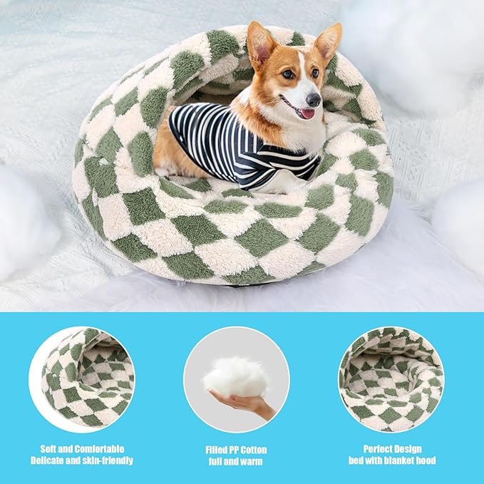 Dog Beds for Small Dogs, Cat Bed Cave, Washable Cute Cat Bed, Cozy Nook Pet Bed for Dogs or Cats, Anti-Slip Puppy Bed Fits up to 12 lbs Pets(Grid Green, 20" x 20")