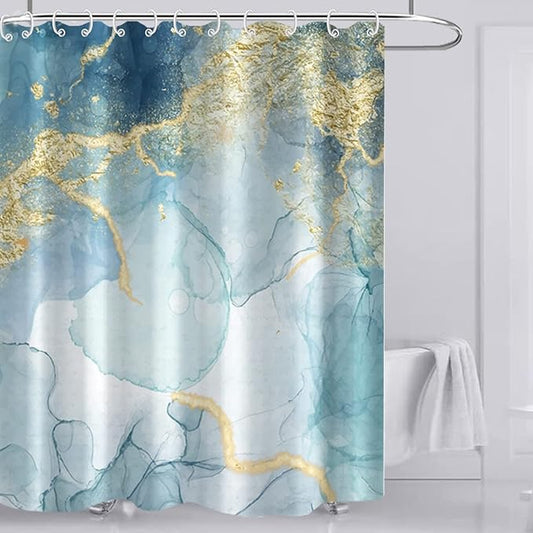 AWERT Teal Marble Shower Curtain for Bathroom Waterproof Quick-Drying Modern Abstract Shower Curtain Set with Hooks 72x72 Inch