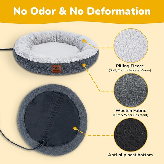 CATISM Cat Bed Heated Cat Bed - Self Warming Cat Beds, Heating Cat Beds for Indoor Cats and Small Dogs, Cozy Donut Heated Cat Bed with Timer & Temp Adjustable, Heating Cat Pad with Non-Slip Bottom