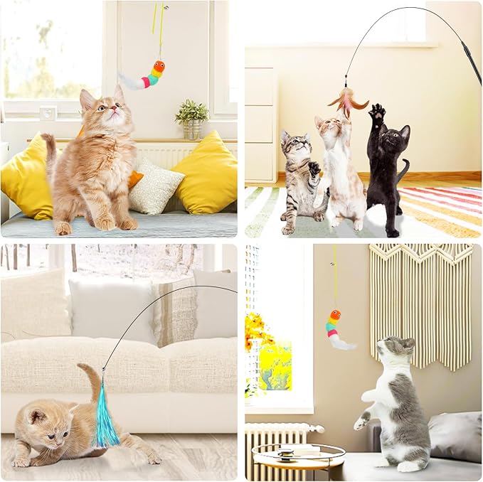 Interactive Cat Feather Toys Cat Teaser Wand Set and Hanging Cat Door Toys with 13pcs Cat Feather Replacement Toys Mice, Cat Toys Kitten Toys for Indoor