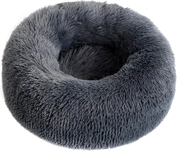 Calming Dog Bed for Cats and Small Dogs, Donut Washable Small Cat Bed for Indoor Cats and Dogs, Anti-Slip Round Fluffy Plush Faux Fur Pet Bed for Small Cats and Dogs (Dark Grey, 15.7")