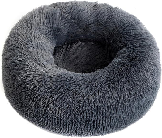 Calming Dog Bed for Cats and Small Dogs, Donut Washable Small Cat Bed for Indoor Cats and Dogs, Anti-Slip Round Fluffy Plush Faux Fur Pet Bed for Small Cats and Dogs (Dark Grey, 15.7")